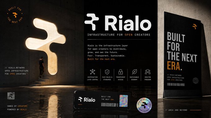 A promotional graphic for "Rialo" describing it as "Infrastructure for Open Creators" with the tagline "BUILT FOR THE NEXT ERA." and a modern architectural setting with a large illuminated R logo.