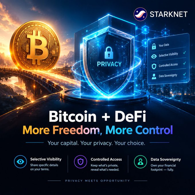 A Starknet promotional graphic features a Bitcoin coin and a 'PRIVACY' shield, with the text 'Bitcoin + DeFi, More Freedom, More Control' and highlights 'Selective Visibility', 'Controlled Access', and 'Data Sovereignty'.