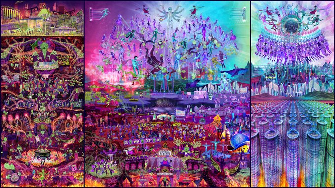 A vibrant triptych by Lucho Poletti, "Cypher Deos," reimagines Hieronymus Bosch's surreal, hellish style to depict the debt-based fiat system—showing its descent, costs, and the escape through Bitcoin, with a "NEVER SELL YOUR CRYPTO" banner visible amid the chaotic, otherworldly scenes.