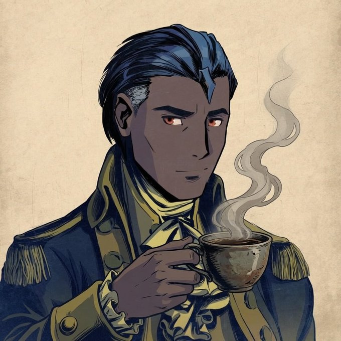 An illustrated portrait depicts a dark-skinned man with blue and gray hair, wearing an ornate military-style jacket with epaulettes, holding a steaming cup.