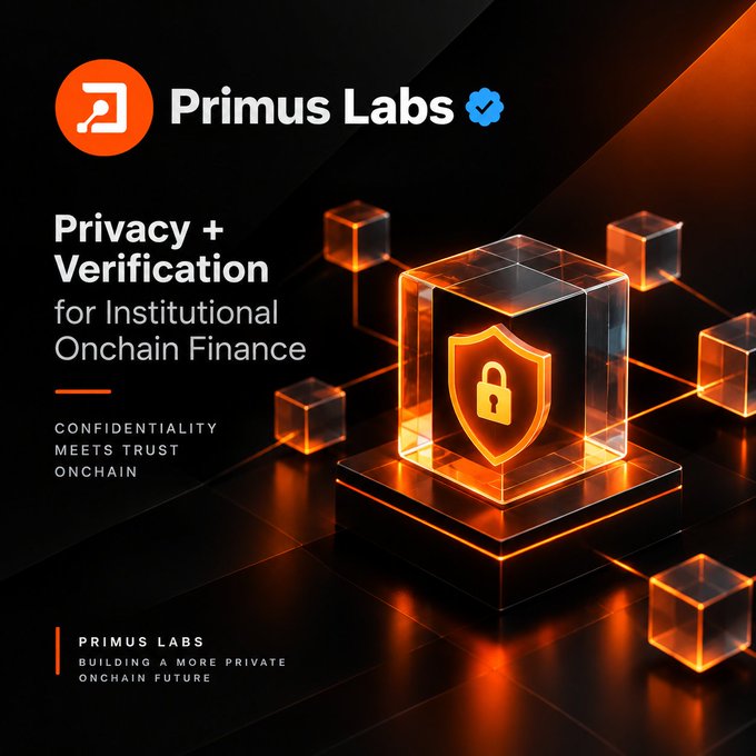 A sleek promotional graphic for 'Primus Labs' advertises 'Privacy + Verification for Institutional Onchain Finance' with the tagline 'CONFIDENTIALITY MEETS TRUST ONCHAIN'.