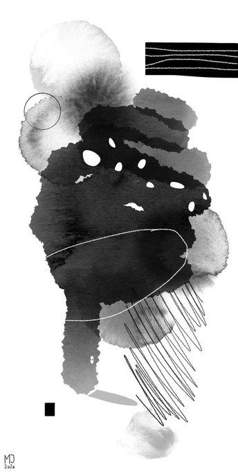 An abstract black and white ink artwork featuring organic watercolor-like shapes, circular forms, and linear elements with "MD 2026" signed in the corner.