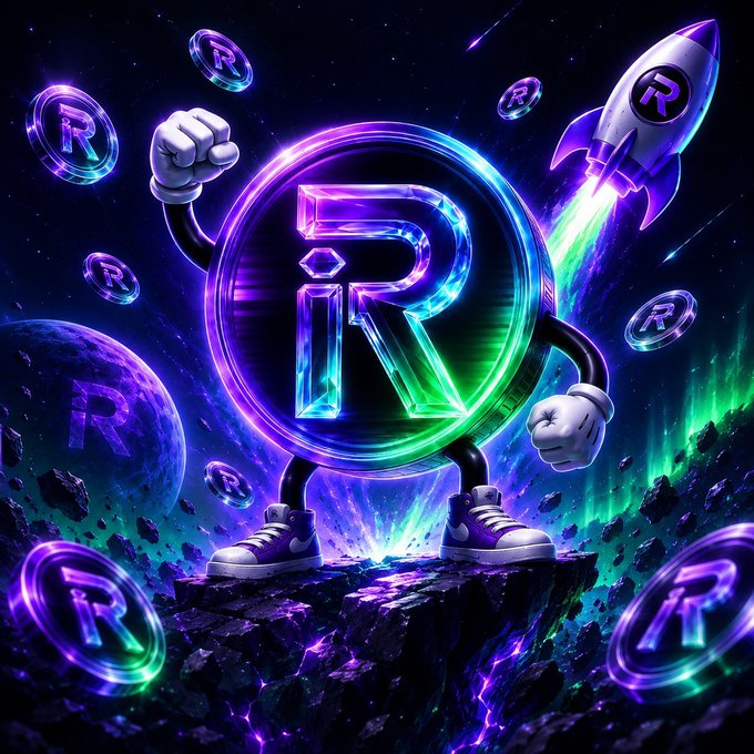 A vibrant digital illustration of an anthropomorphic coin character featuring the 'R' Raydium logo, wearing sneakers and white gloves, with a rocket ship launching in the background amid floating R coins.