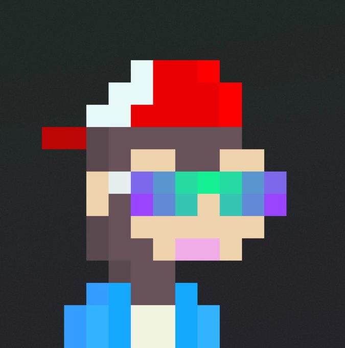 A pixel art portrait of a character wearing a red Santa hat and blue sunglasses with purple-tinted lenses against a dark background.