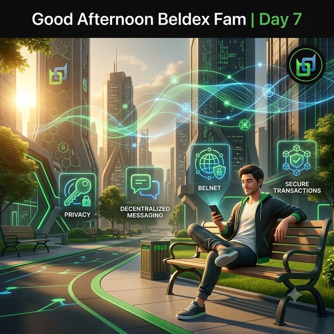 A digital illustration titled 'Good Afternoon Beldex Fam | Day 7' showing a young man sitting on a park bench using a smartphone, surrounded by floating holographic icons labeled 'PRIVACY', 'DECENTRALIZED MESSAGING', 'BELNET', and 'SECURE TRANSACTIONS' over a futuristic cityscape.