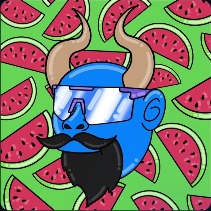 A digital illustration of a blue bull-like head wearing reflective purple sunglasses and sporting a black mustache and goatee, set against a vibrant repeating pattern of watermelon slices on a green background.
