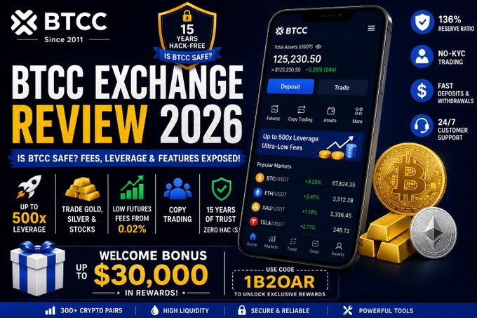 A promotional YouTube thumbnail/graphic for 'BTCC EXCHANGE REVIEW 2026', advertising a $30,000 welcome bonus, up to 500x leverage, 136% reserve ratio, and 15 years of trust, with a mockup of the BTCC mobile app.