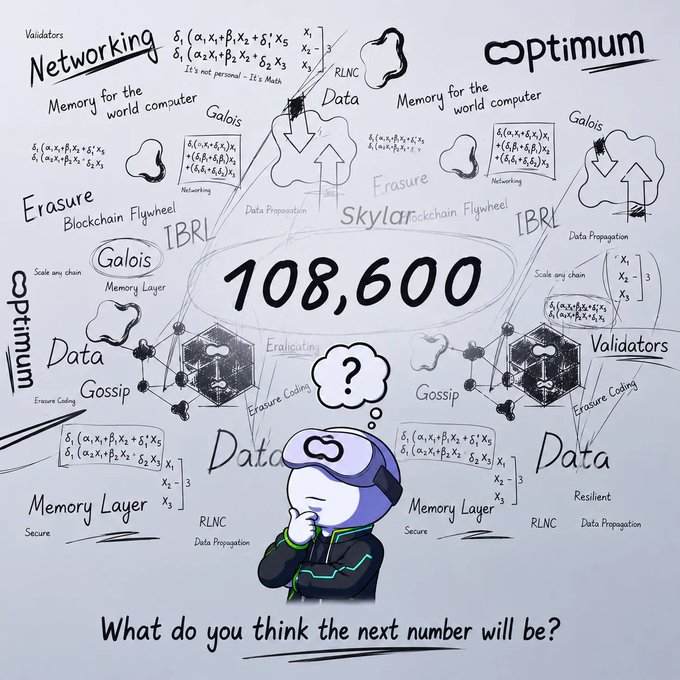 A whiteboard-style illustration featuring an Optimum mascot character thinking beneath a large number "108,600" surrounded by technical terms like Networking, Galois, Erasure, Blockchain, RLNC, and Skylar Rockchain, with the caption "What do you think the next number will be?"