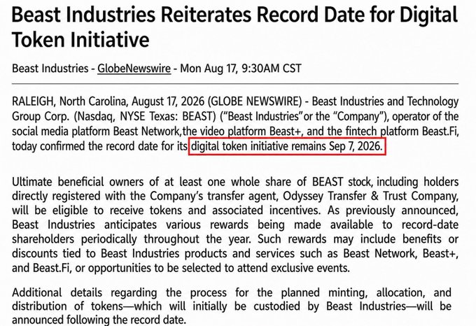 The image shows a GlobeNewswire press release from Beast Industries (Nasdaq: BEAST), dated August 17, 2026, confirming that the record date for its digital token initiative remains September 7, 2026. The accompanying post promotes an alleged "$BEAST" coin presale, but the press release makes no mention of any presale—only that token rewards will be distributed to eligible shareholders of record, contradicting the social media claims of a presale opportunity.