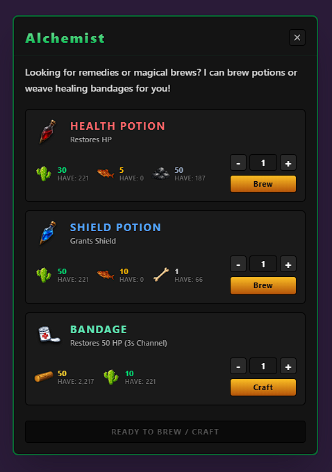 A video game UI screen titled 'Alchemist' where a character offers to brew potions or craft items, showing recipes for a Health Potion (requires cactus, fish, rocks), Shield Potion (requires cactus, fish, bone), and Bandage (requires wood, cactus).