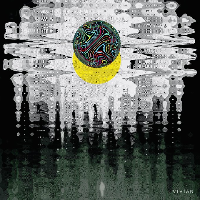 A swirling multicolored sphere rests atop a bright yellow sun against a mirrored, kaleidoscopic black-and-white background, with the text "VIVIAN" visible in the lower right corner—capturing the abstract, geometric NFT artwork highlighted in the post's #SphereArt and #VivianGalleryArt tags.