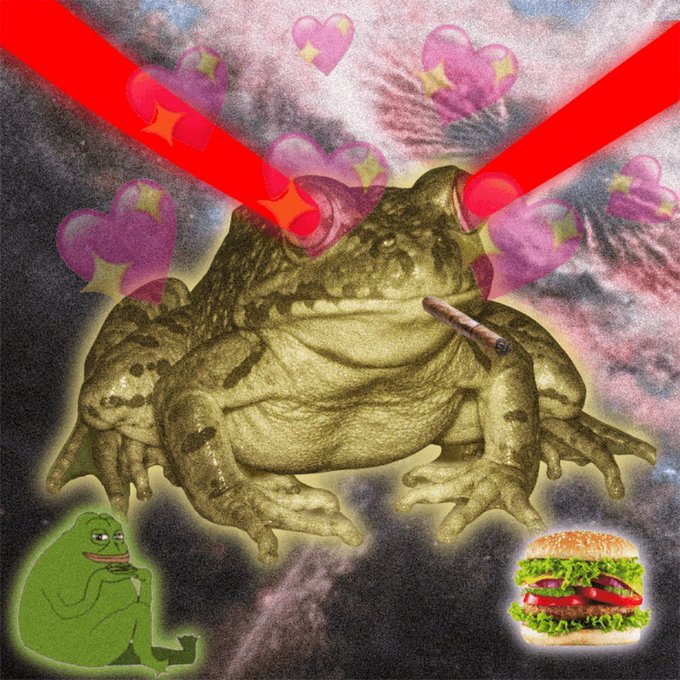 A frog with glowing red laser eyes shoots heart beams above a smoking cigar, surrounded by floating hearts, while Pepe sits peacefully in the corner and a burger rests nearby—capturing the chaotic, meme-fueled energy of minting Frong NFTs and holding gremlin WL.