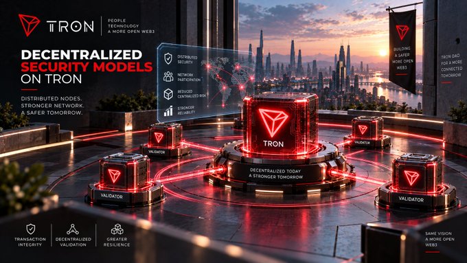 A promotional graphic for TRON titled 'DECENTRALIZED SECURITY MODELS ON TRON,' showing red glowing validator nodes connected around a central TRON cube against a futuristic cityscape at sunset.