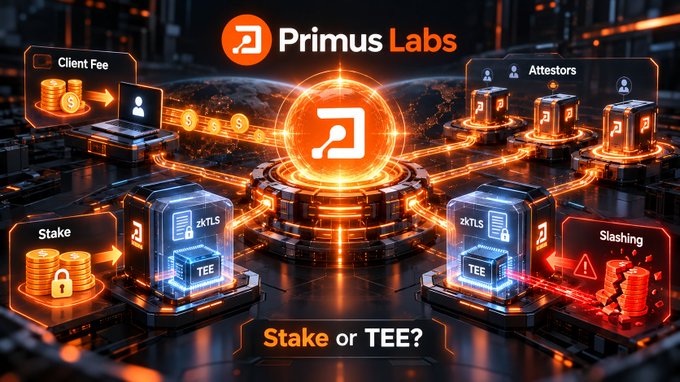A futuristic, neon-themed digital advertisement for "Primus Labs" featuring the text "Stake or TEE?" and illustrating concepts like "Client Fee," "Attestors," "Stake," and "Slashing" with glowing technology graphics.