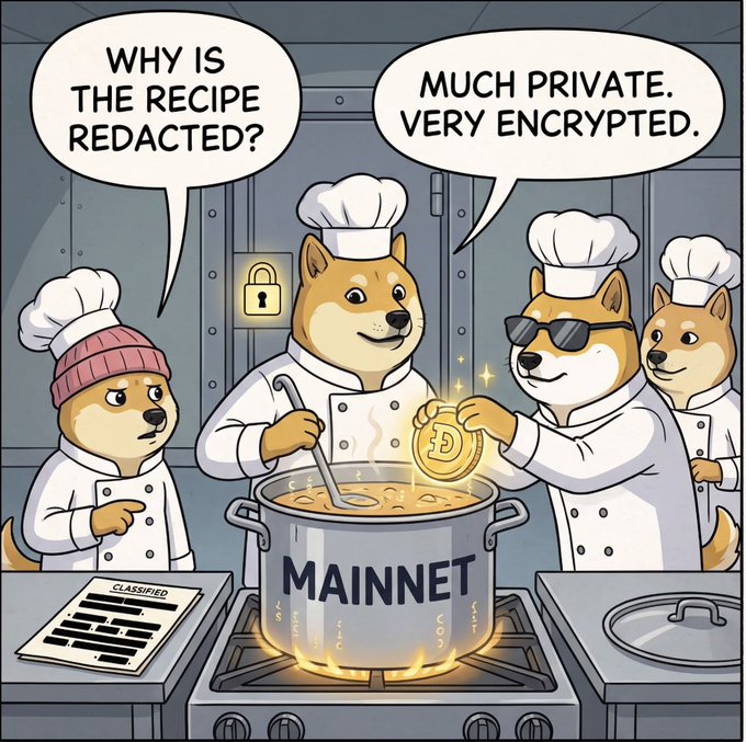 A cartoon of Doge chefs in a kitchen with one asking "WHY IS THE RECIPE REDACTED?" while another wearing sunglasses replies "MUCH PRIVATE. VERY ENCRYPTED." over a pot labeled "MAINNET" being cooked with a golden coin, and a "CLASSIFIED" document on the counter — illustrating the DogeOS team working behind the scenes to keep their mainnet launch recipe private and secure.