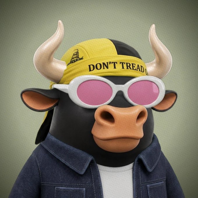A cartoon bull character wears a yellow and black cap reading "DON'T TREAD O..." with a rattlesnake emblem, along with pink-tinted white sunglasses and a denim jacket, fitting the playful NFT art style tied to the $ANSEM token community.