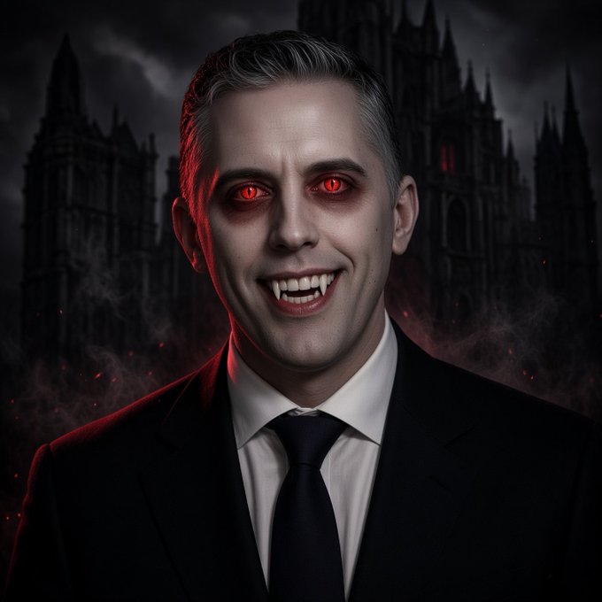 A digitally manipulated portrait of a pale man in a suit with glowing red eyes and fangs, smiling menacingly against a dark gothic castle backdrop.