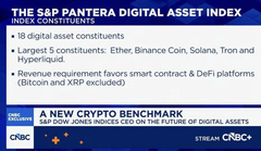 A presentation slide titled 'THE S&P PANTERA DIGITAL ASSET INDEX' listing 18 constituents including Ether, Binance Coin, Solana, Tron, and Hyperliquid, with logos for S&P Global, CF Benchmarks, and Steak & CRSB.