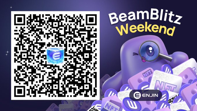 A promotional graphic for "BeamBlitz Weekend" featuring a QR code on the left and the Enjin mascot (a purple character with a magnifying glass) alongside "ENJ," "NFT," and "ENJIN" tokens on the right, encouraging users to scan the code or visit the links (enj.in/psH8j or enj.in/beamblitz) to claim free Frozen ENJ NFTs through the Enjin Wallet app.