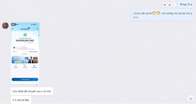 A screenshot of a Vietnamese chat showing a VenteBank transaction of 200,000,000 VND, with messages asking about needing technology for the next 400k transfer.