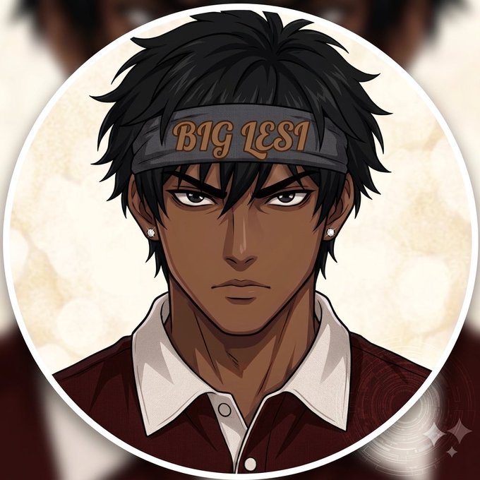 Anime-style digital illustration of a dark-skinned young man with black hair wearing a headband reading 'BIG LEST' and a maroon collared shirt.