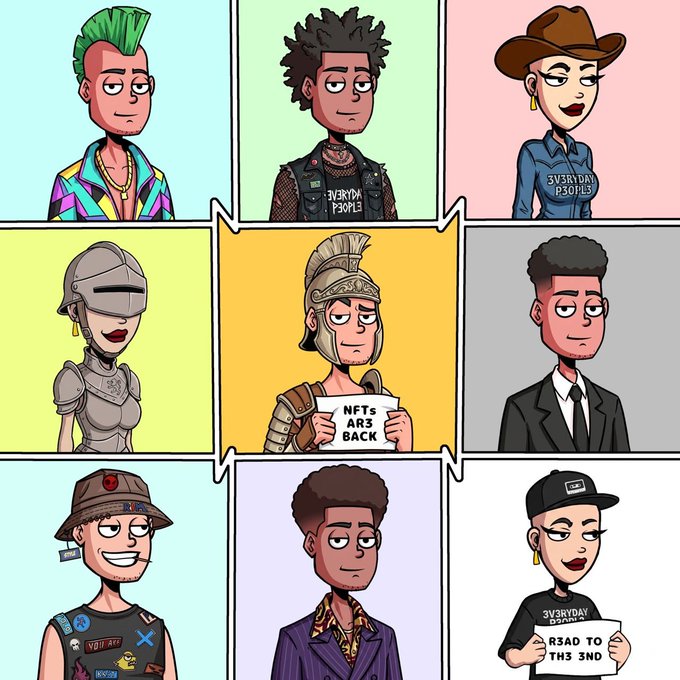 The image displays a 3x3 grid of nine cartoon-style characters with the text "3V3RYDAY P30PL3" on two of their shirts and "NFTs AR3 BACK" and "R3AD TO TH3 3ND" on signs held by others.

The grid relates to the post by showcasing the diverse faces of the "3V3RYDAY P30PL3" community, with the central knight holding an "NFTs AR3 BACK" sign that ties into the optimistic "gm" greeting and the collective "good day" message regardless of which character represents your mood.