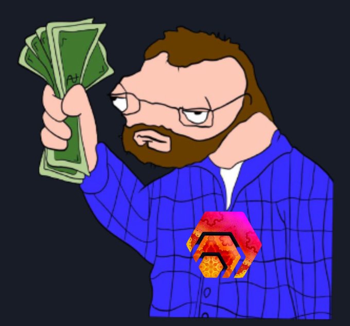 A cartoon illustration depicts a bearded man in a blue plaid shirt holding a fan of green cash, featuring a glowing hexagonal PULSEX logo on his chest.