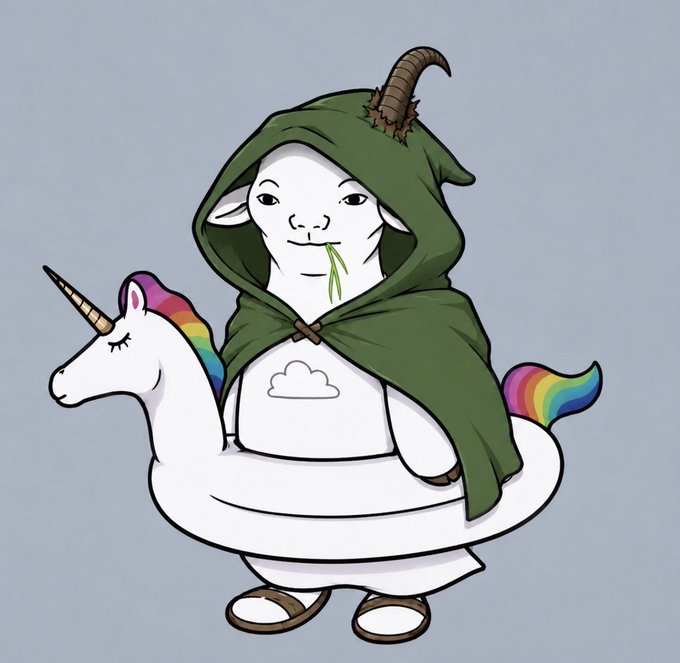 A digital illustration of a character with a goat-like face wearing a green hooded cloak, holding a small horn, and floating in a rainbow-colored unicorn floatie.
