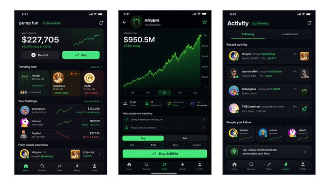 Three mockup screens showcase a redesigned Pump.fun app interface, featuring the ticker "ANSEM" with a market cap of $950.5M, trending tokens like "Spinxby" and "Gate," and a social activity feed tracking trades. The dark-themed UI overhaul brings sleek graphs, green accent highlights, and modernized navigation tabs, illustrating the creator's vision of a more polished, user-friendly trading experience on the platform.