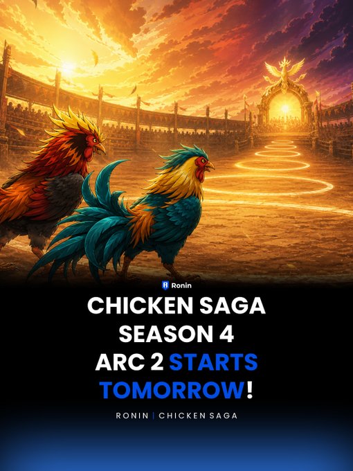 The image is a promotional poster for "Chicken Saga Season 4: Arc 2 Starts Tomorrow!" featuring two vibrantly colored roosters—one red and fiery, the other teal and gold—facing off in a sunlit arena that complements the post's announcement of a new game arc launching with a 7,875,000 $COCK reward pool and 250K Liwayway daily rewards.