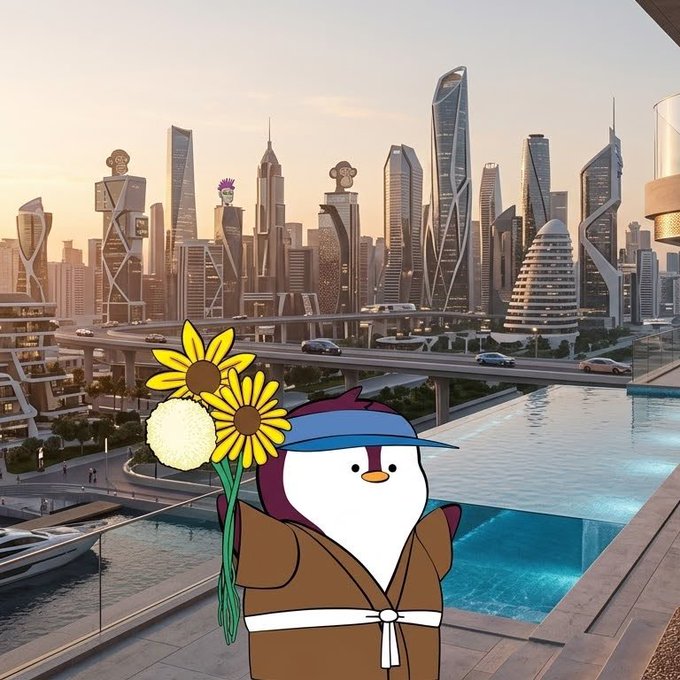 A cartoon penguin wearing a blue visor and brown robe holding sunflowers, superimposed in front of a futuristic cityscape with skyscrapers, an elevated highway, and a pool.