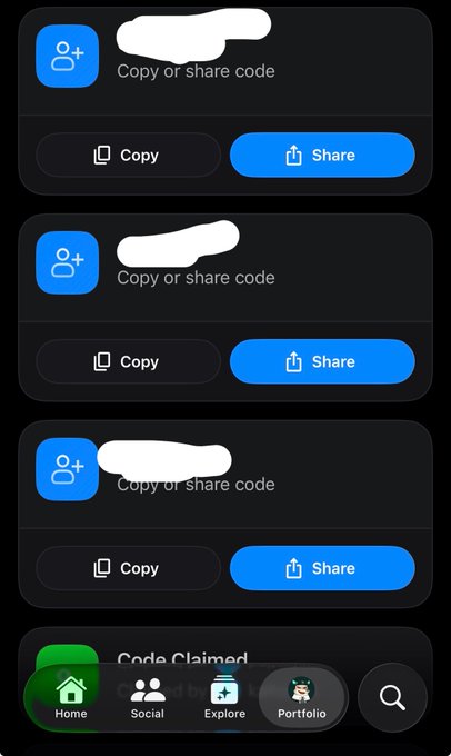 A mobile app screen showing three 'Copy or share code' prompts with redacted codes, each with 'Copy' and 'Share' buttons, above a 'Code Claimed' notification and a navigation bar with Home, Social, Explore, Portfolio, and Search tabs.