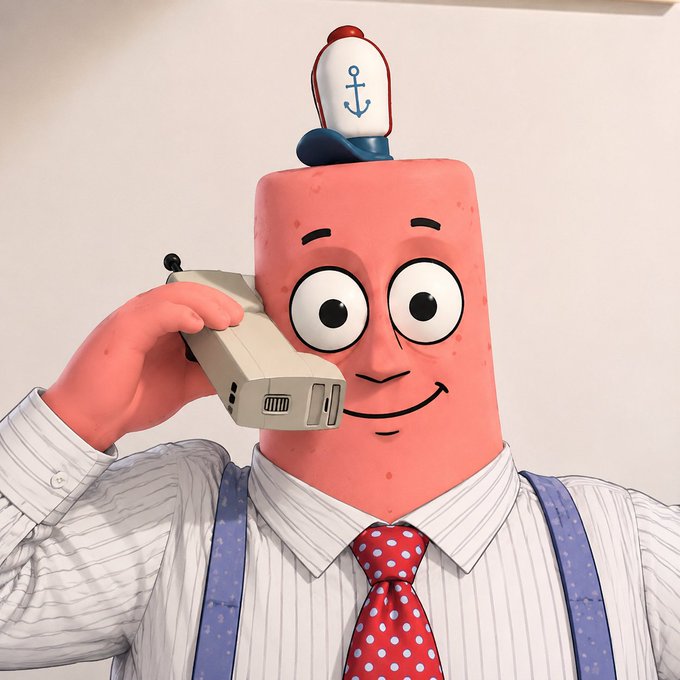 A person wearing a Patrick Star (SpongeBob SquarePants) mascot head with a sailor hat, holding a beige cell phone to their ear, dressed in a striped shirt and red polka-dot tie.