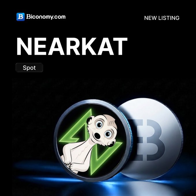 A promotional graphic for a new cryptocurrency listing called 'NEARKAT' on Biconomy.com, featuring a stylized coin with a meerkat and a green lightning bolt design.