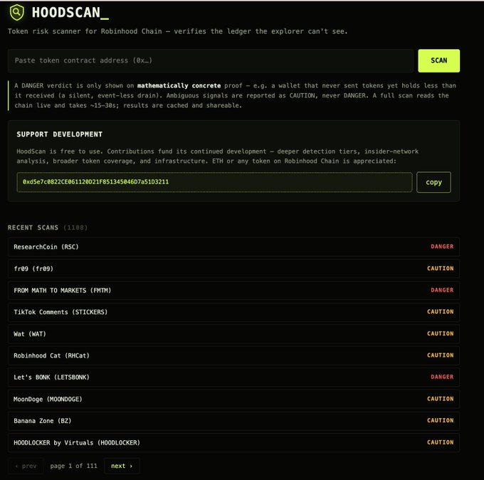 The HOODSCAN_ token risk scanner interface for Robinhood Chain, showing recent scans with DANGER and CAUTION ratings for tokens like ResearchCoin (RSC), fr0 (FR0), and MoonDoge (MOONDOGE).