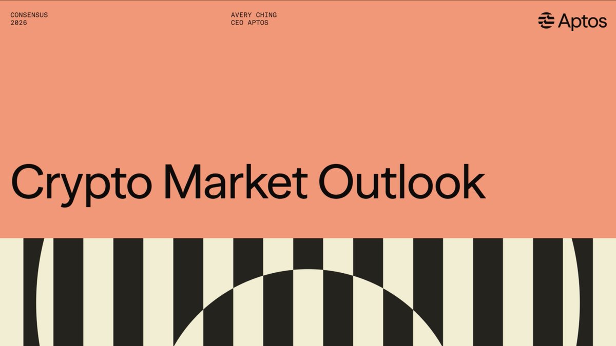 A presentation slide titled "Crypto Market Outlook" from Consensus 2026, featuring Avery Ching, CEO of Aptos, in a bold black and coral design. The slide serves as a visual introduction to Ching's discussion on the enduring importance of building real consumer value in the crypto space, aligning with the post's emphasis on adoption of meaningful products driving long-term growth.