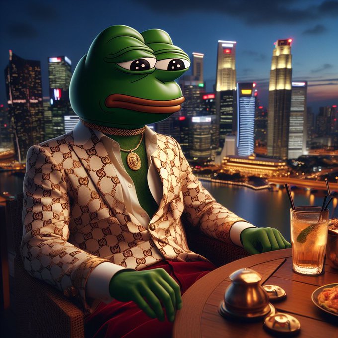 A 3D-rendered green frog character wearing a Gucci-patterned suit sits at a table with a drink, with a city skyline visible at night in the background.
