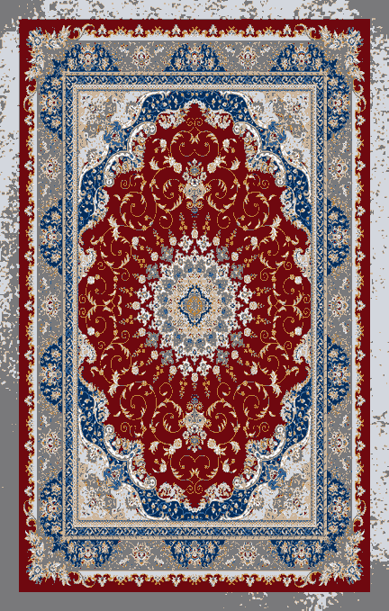 A traditional ornate Persian-style rug featuring a red and blue floral medallion design on a white background, reflecting the user's recent acquisition of "77," a digital NFT artwork by @ak_dell_nft on the objkt.com platform.