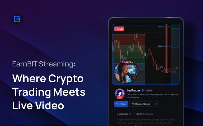 The main visual elements in this image are a smartphone displaying a video streaming platform, featuring a woman wearing a white hat and standing in front of a blue background with a line going down the center dividing it into two sections. There's an overlay on top of the screen that says "where CRYPT trading meets live video", and below it reads "it'S live! The new EarniFi course just dropped ... and yes, there'S a 5,000 USDT prize pool waiting. Four short lessons about EarnBIT Streaming." Additionally, another text states that this is an "earnbit streaming" video, emphasizing its educational nature for those interested in learning more about crypto trading.