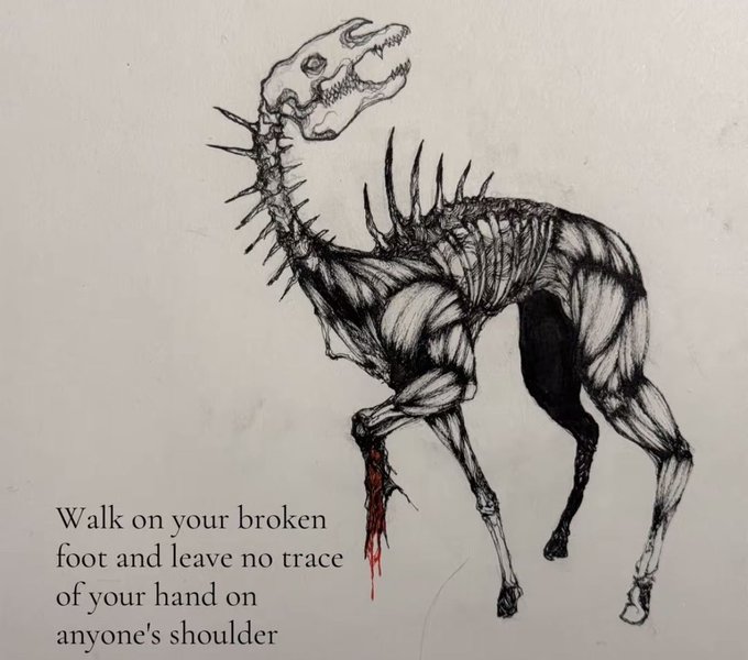 The image shows a detailed pen-and-ink drawing of a skeletal, horse-like creature with a skull-like head, spiny vertebrae, and a bloody foot, accompanied by the text "Walk on your broken foot and leave no trace of your hand on anyone's shoulder." The grim, haunting artwork paired with such bleak advice contrasts darkly with the cheerful "gm frens" (good morning friends) greeting, suggesting a bleakly humorous or edgy tone to the morning post.