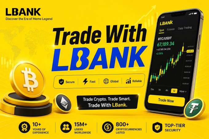 A vibrant yellow promotional banner for LBank cryptocurrency exchange showcasing a smartphone displaying a BTC/USDT trading chart at $67,189.34 (+2.85%), with key stats highlighting 10+ years experience, 15M+ users worldwide, 800+ cryptocurrencies listed, and top-tier security—aligning with the post's pitch of LBank as a trusted global trading platform offering spot, futures, copy trading, and staking services.