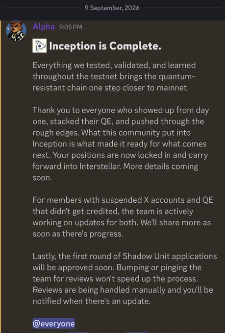 A Discord message from "Alpha" dated 9 September, 2026, announcing "Inception is Complete" and thanking the community for participating in the testnet leading to "Interstellar".