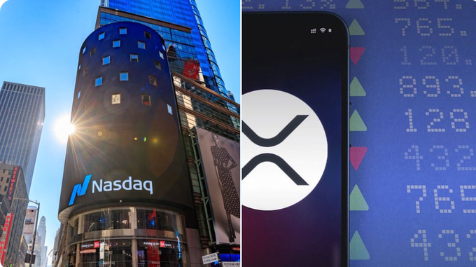 The image shows the Nasdaq building and a large digital ticker featuring the XRP logo. It illustrates the post’s claim that XRP exposure is now available on Nasdaq through exchange-traded products.
