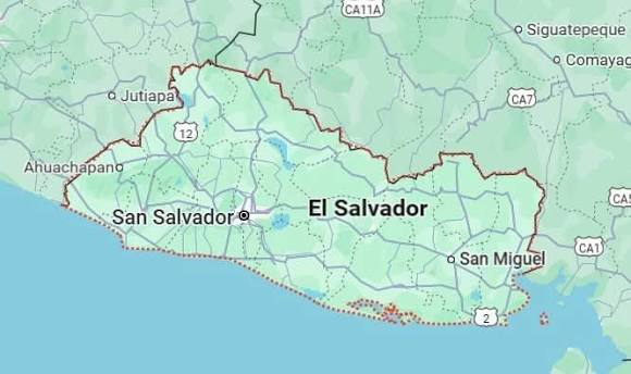 A map showing the country of El Salvador, highlighting cities such as San Salvador, San Miguel, Jutiapa, and Comayagua, along with roads including CA1, CA7, and CA11.