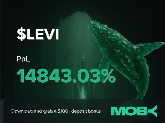 A promotional graphic for Moby features a whale silhouette in green tones, highlighting that a trader named $LEVI achieved an impressive PnL of +14843.03%, with a banner at the bottom advertising a $100+ deposit bonus for downloading the app.