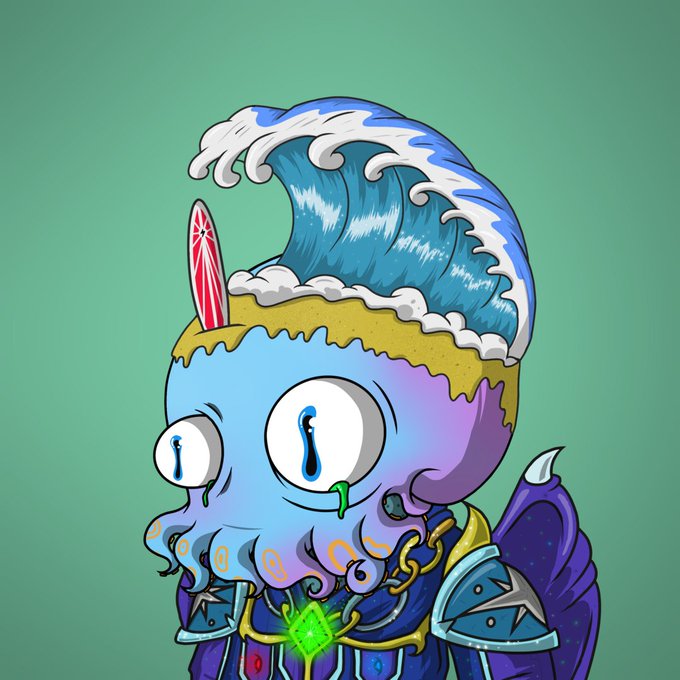 A cartoon-style illustration of Cthulhu, the Lovecraftian cosmic entity, depicted with an octopus-like face, wearing golden armor and a crown, set against a green background.