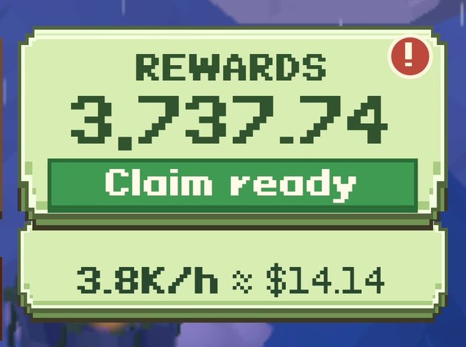 A pixel-art style 'Claim ready' rewards notification showing 3,737.74 tokens with an earning rate of 3.8K/h worth $14.14.
