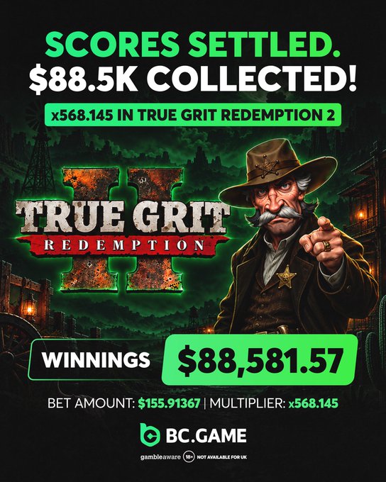 A gambling advertisement from BC.GAME for 'True Grit Redemption II' celebrating a settled score, showing winnings of $88,581.57 from a bet amount of $155.91367 with a multiplier of x568.145.