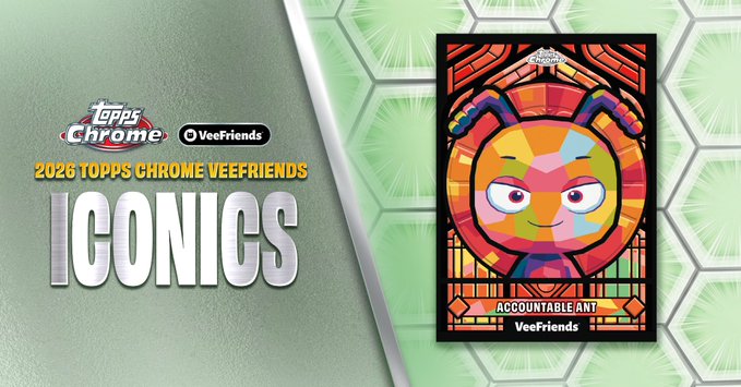 The image features an eye-catching poster for the "Road To Chrome" insert from the "Icons" series at the 2016 Topps Chrome VeeFriends event. The poster showcases a colorful cartoon character, likely representing a character from the video game "Chrono Trigger". The character is depicted in a vibrant and lively manner, drawing attention to the "Icons" theme of the event. The background of the poster is a soothing green color, providing a contrast that makes the colorful character stand out even more. The text on the poster clearly states "Iconics" and "Road To Chrome insert spotlight!", indicating the focus of the event and the specific theme it revolves around.