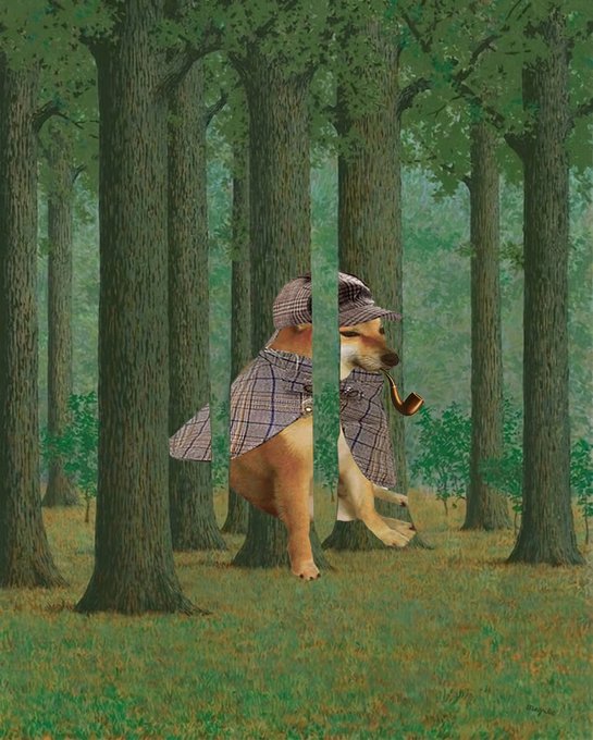 A dog dressed as a Sherlock Holmes-style detective with a deerstalker hat and plaid coat stands between trees in a forest, holding a smoking pipe. The whimsical detective pup visually represents the "$pipedog" X profile referenced in the post, embodying the clever, pipe-smoking canine character.